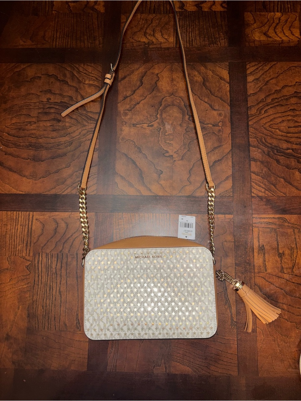 Michael Kors Cream & Tan Star-Pattern Crossbody with Tassel